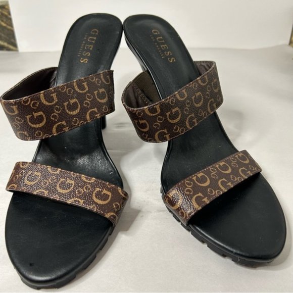 Guess Womens Strappy Slip On Heels Size 10 Black Sole Brown Upper Guess Logo - Picture 1 of 8
